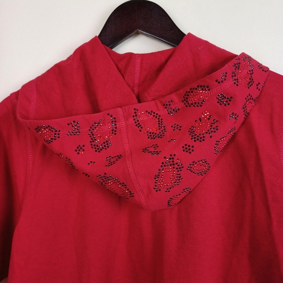 Quacker Factory Short Sleeve Zip-Up Hoodie Jacket Stud Details Red XL A225701 - Picture 6 of 10